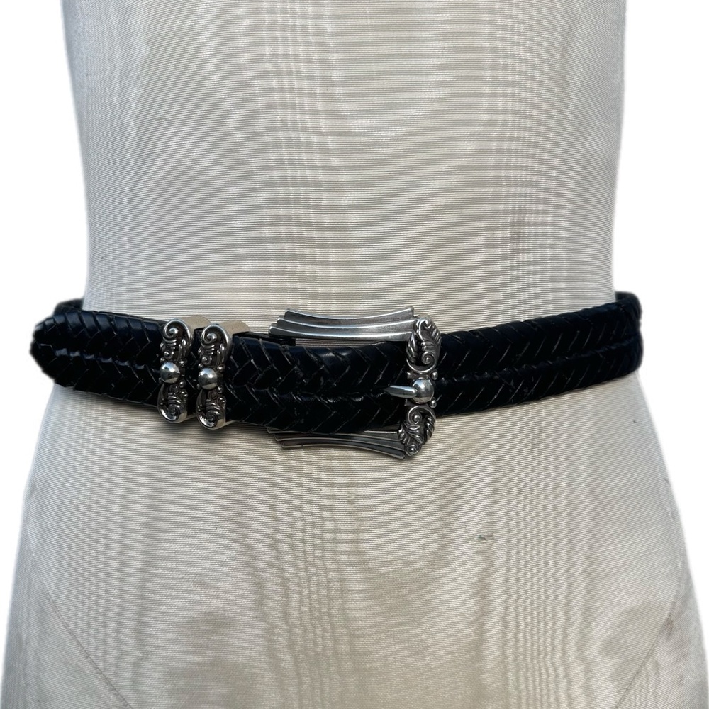 Brighton Black Braided Leather Belt Silver Scroll Buckle Size S/28 Style 97083